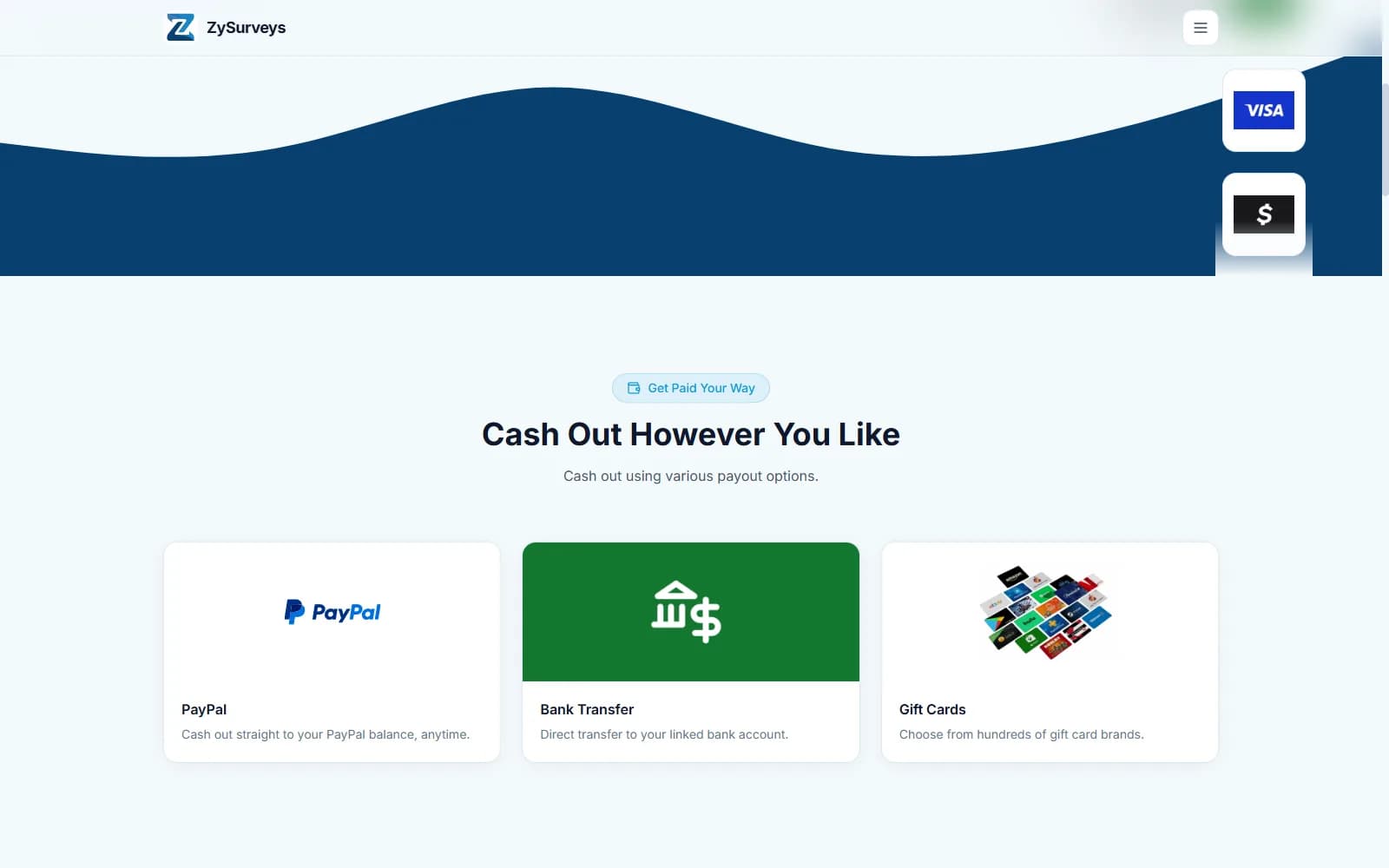 ZySurveys payout options: PayPal, bank transfer, and gift cards